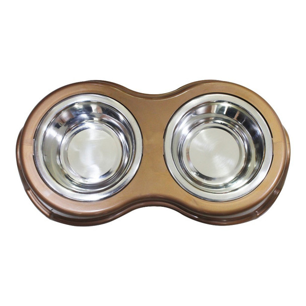 Plastic Framed Double Diner Pet Bowl in Stainless Steel, Small, Gold and Silver Plastic Framed Double Diner Pet Bowl in Stainless Steel, Small, Gold and Silver