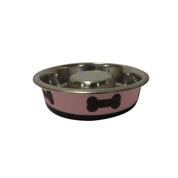 Slow Feeder Spill Proof Pet Bowl with Rubber Base and Bone Design, Pink and Black Slow Feeder Spill Proof Pet Bowl with Rubber Base and Bone Design, Pink and Black