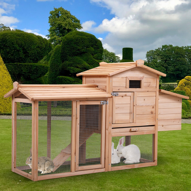 Rabbit Hutch, Outdoor Wooden Pet Bunny House Wooden Cage with Ventilation Gridding Fences, Openable Door, Crib for 2 Rabbits, Original Wood