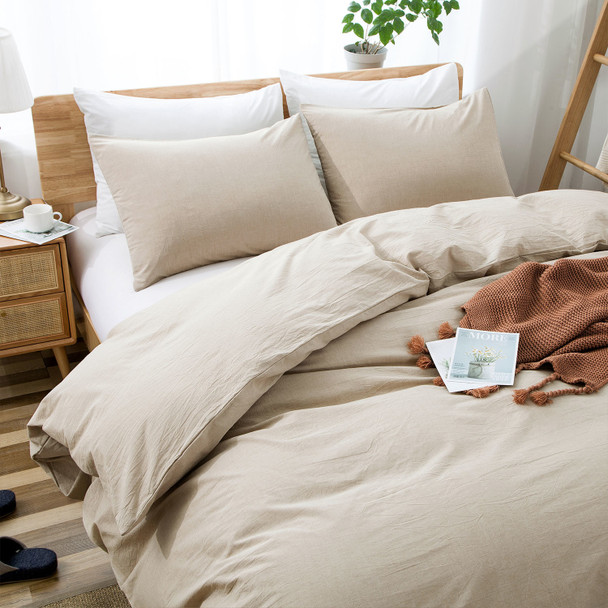 100% Washed Cotton Duvet Cover King Size, Beige Fade-Resistant Natural Bedding Set (No Comforter)