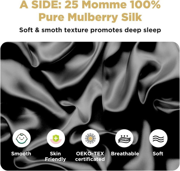 Silk Pillowcase for Hair and Skin 1 Pack, 22 Momme 100% Mulberry Silk & Natural Wood Pulp Fiber Double-Sided Design, Silk Pillow Covers with 600 Thread Count, Hidden Zipper (20"x26", Black)