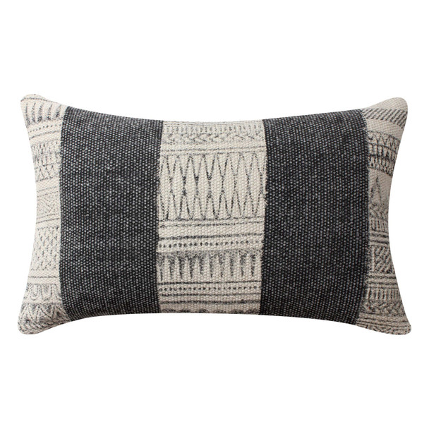 DunaWest 12 x 20 Rectangular Soft Cotton Dhurrie Accent Lumbar Throw Pillow, Kilim Pattern, Gray, White