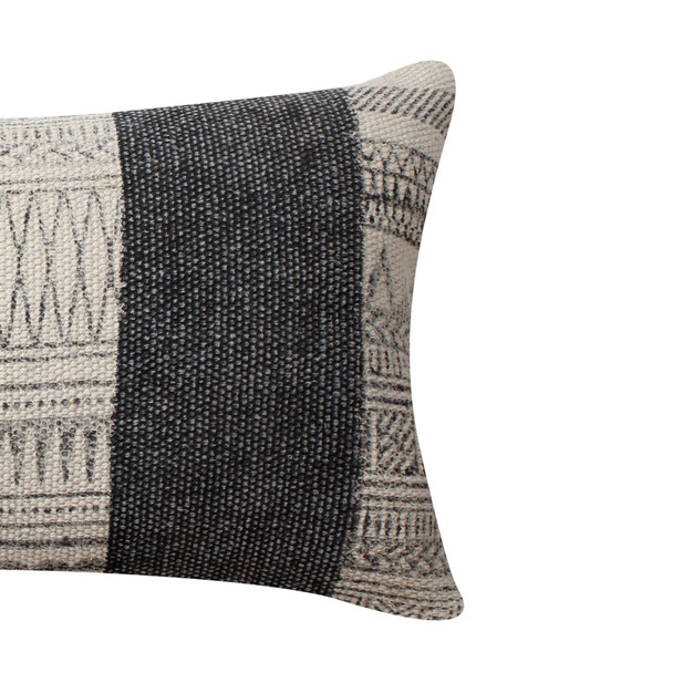 DunaWest 12 x 20 Rectangular Soft Cotton Dhurrie Accent Lumbar Throw Pillow, Kilim Pattern, Gray, White