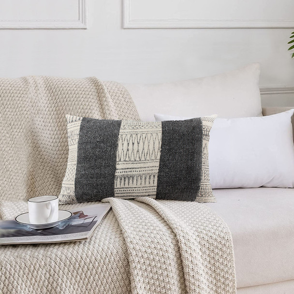 DunaWest 12 x 20 Rectangular Soft Cotton Dhurrie Accent Lumbar Throw Pillow, Kilim Pattern, Gray, White