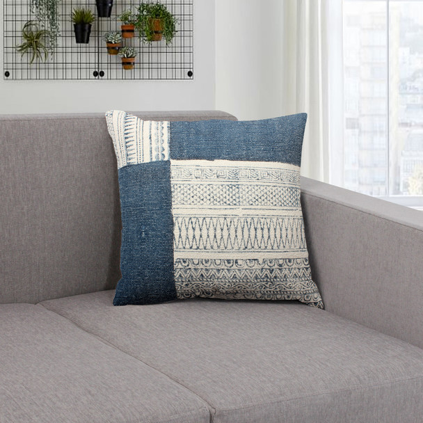 DunaWest Dae 24 x 24 Square Handwoven Cotton Accent Throw Pillow, Classic Simple Kilim Pattern, Blue, Off White