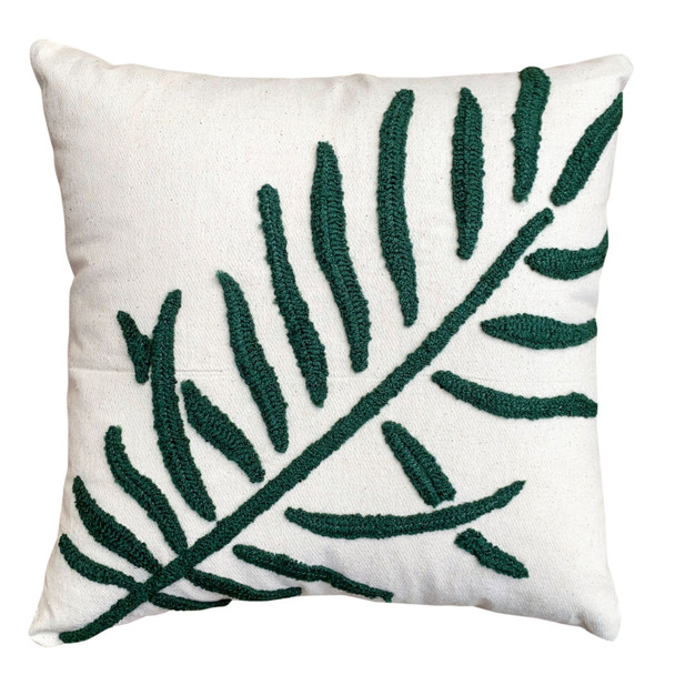 DunaWest 17 x 17 Inch 2 Piece Square Cotton Accent Throw Pillow Set, Leaf Embroidery, White, Green, Yellow