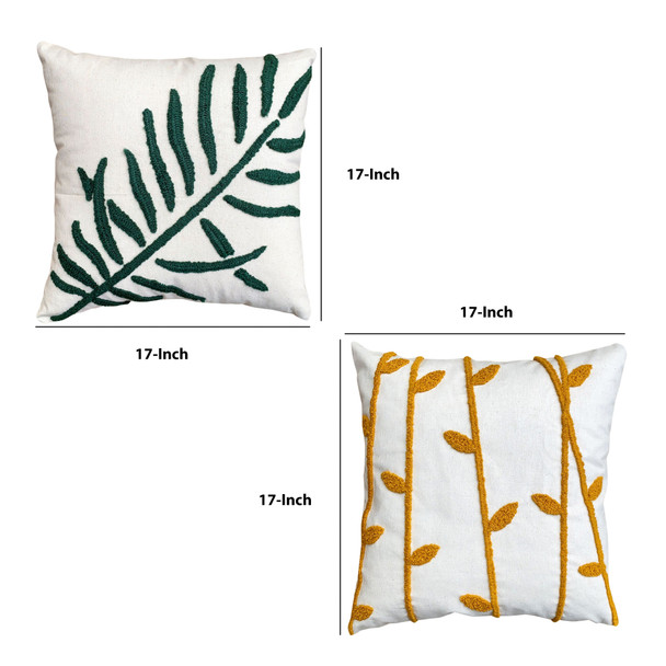 DunaWest 17 x 17 Inch 2 Piece Square Cotton Accent Throw Pillow Set, Leaf Embroidery, White, Green, Yellow