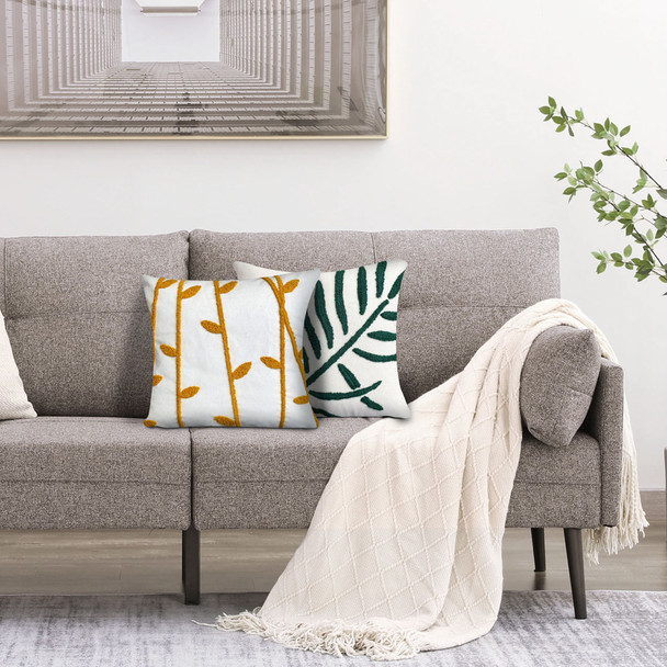 DunaWest 17 x 17 Inch 2 Piece Square Cotton Accent Throw Pillow Set, Leaf Embroidery, White, Green, Yellow