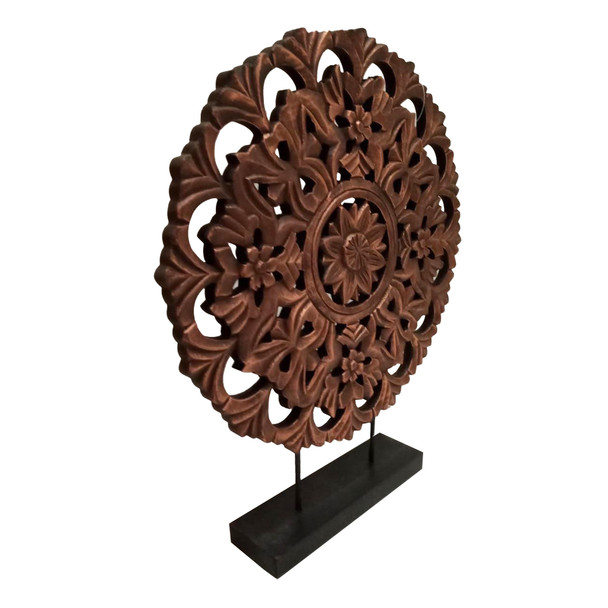 DunaWest Intricately Carved Round Wooden Wheel Sculpture on Rectangular Stand, Rustic Brown, Large