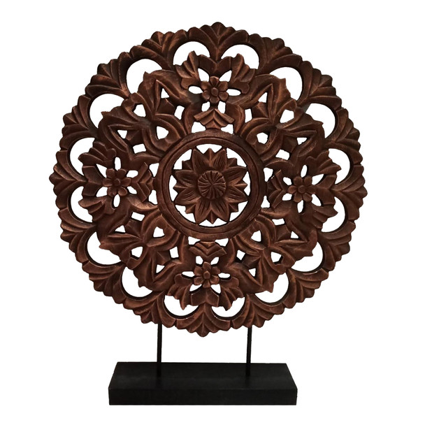 DunaWest Intricately Carved Round Wooden Wheel Sculpture on Rectangular Stand, Rustic Brown, Large DunaWest Intricately Carved Round Wooden Wheel Sculpture on Rectangular Stand, Rustic Brown, Large