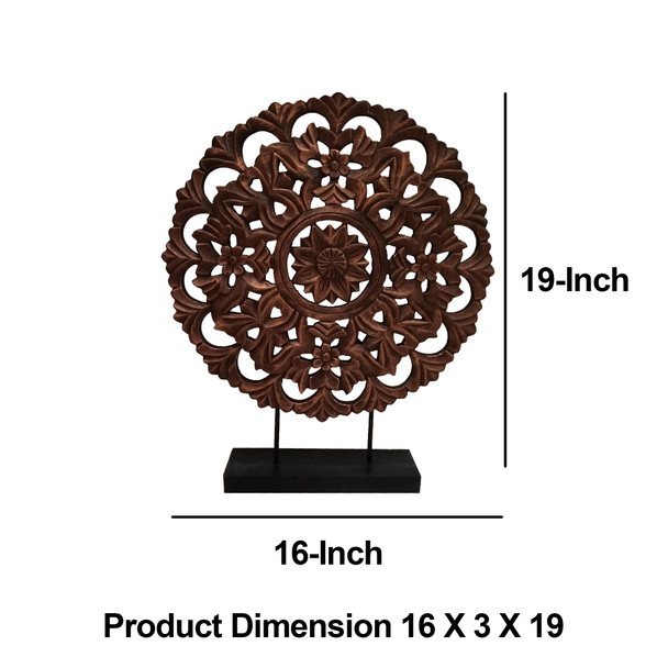 DunaWest Intricately Carved Round Wooden Wheel Sculpture on Rectangular Stand, Rustic Brown, Large DunaWest Intricately Carved Round Wooden Wheel Sculpture on Rectangular Stand, Rustic Brown, Large
