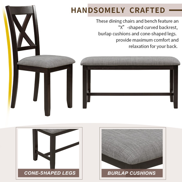 6-Piece Kitchen Dining Table Set Wooden Rectangular Dining Table, 4 Dining Chairs and Bench Family Furniture for 6 People 6-Piece Kitchen Dining Table Set Wooden Rectangular Dining Table, 4 Dining Chairs and Bench Family Furniture for 6 People