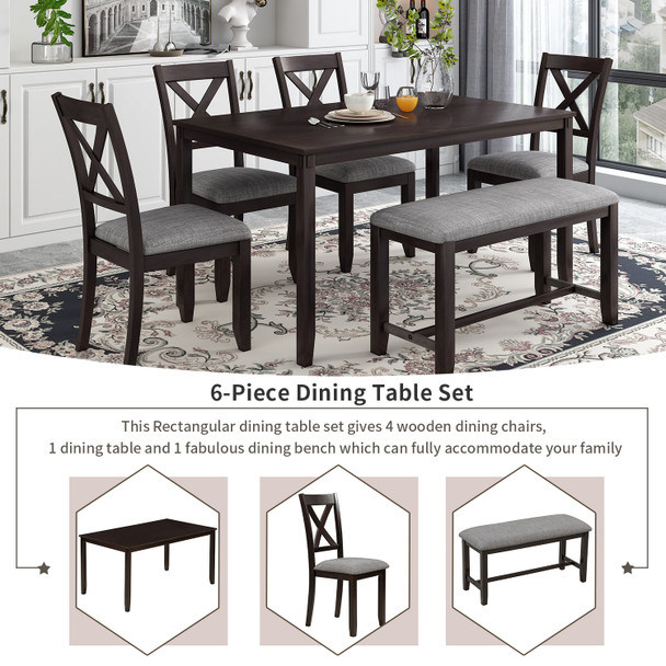 6-Piece Kitchen Dining Table Set Wooden Rectangular Dining Table, 4 Dining Chairs and Bench Family Furniture for 6 People 6-Piece Kitchen Dining Table Set Wooden Rectangular Dining Table, 4 Dining Chairs and Bench Family Furniture for 6 People