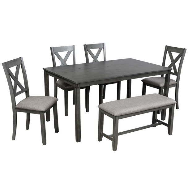 6-Piece Kitchen Dining Table Set Wooden Rectangular Dining Table, 4 Dining Chairs and Bench Family Furniture for 6 People 6-Piece Kitchen Dining Table Set Wooden Rectangular Dining Table, 4 Dining Chairs and Bench Family Furniture for 6 People