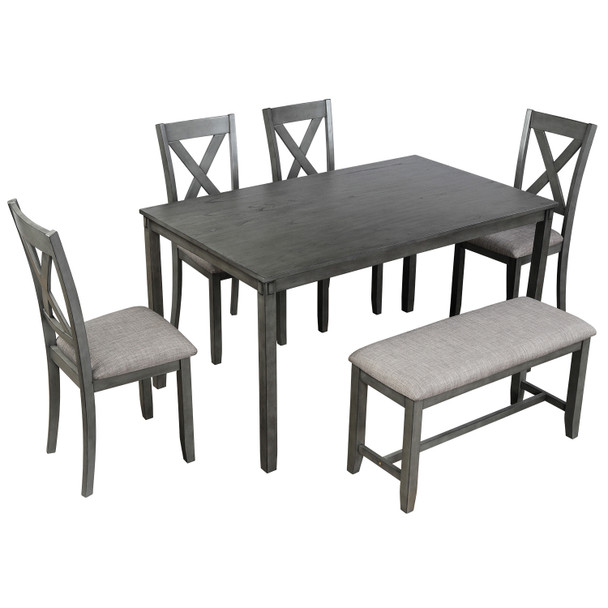 6-Piece Kitchen Dining Table Set Wooden Rectangular Dining Table, 4 Dining Chairs and Bench Family Furniture for 6 People 6-Piece Kitchen Dining Table Set Wooden Rectangular Dining Table, 4 Dining Chairs and Bench Family Furniture for 6 People
