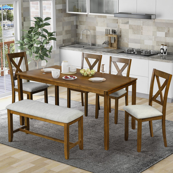 6-Piece Kitchen Dining Table Set Wooden Rectangular Dining Table, 4 Dining Chairs and Bench Family Furniture for 6 People 6-Piece Kitchen Dining Table Set Wooden Rectangular Dining Table, 4 Dining Chairs and Bench Family Furniture for 6 People