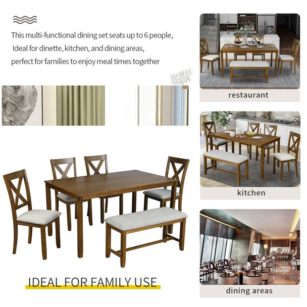 6-Piece Kitchen Dining Table Set Wooden Rectangular Dining Table, 4 Dining Chairs and Bench Family Furniture for 6 People 6-Piece Kitchen Dining Table Set Wooden Rectangular Dining Table, 4 Dining Chairs and Bench Family Furniture for 6 People