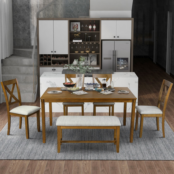 6-Piece Kitchen Dining Table Set Wooden Rectangular Dining Table, 4 Dining Chairs and Bench Family Furniture for 6 People 6-Piece Kitchen Dining Table Set Wooden Rectangular Dining Table, 4 Dining Chairs and Bench Family Furniture for 6 People