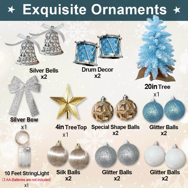 2ft Tabletop Christmas Tree with Light Artificial Small Mini Blue Christmas Decoration with Flocked Snow, Exquisite Decor & Xmas Ornaments for Table Top for Home & Office