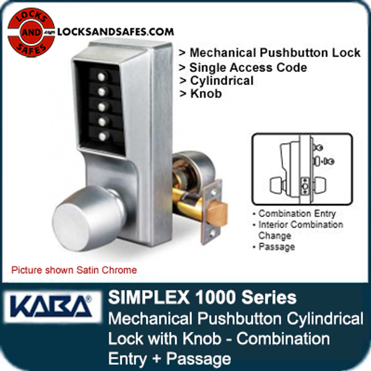 Kaba Simplex 1000 Series Combination Entry Cylindrical Mechanical  Pushbutton Lock with Knob, Key Override, Cylindrical 13mm Throw Latch,  Floating Face