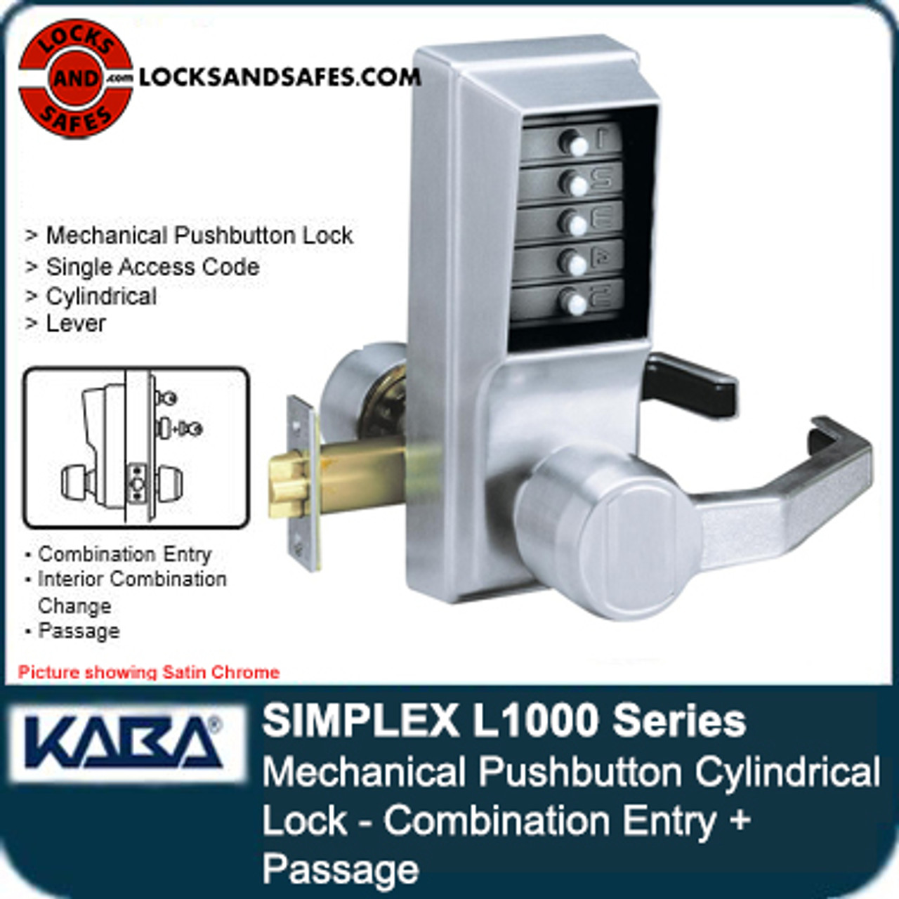 Kaba Simplex L1000 Series Metal Mechanical Pushbutton Cylindrical Lock with  Lever, Key Override, 13mm Throw Latch, Floating Face Plate, 70mm Backset,  通販