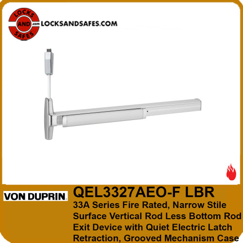 Von Duprin QEL3327A-F-LBR Fire Rated Narrow Stile Surface Vertical Rod Less Bottom Rod Exit Device with Quiet Electric Latch Retraction