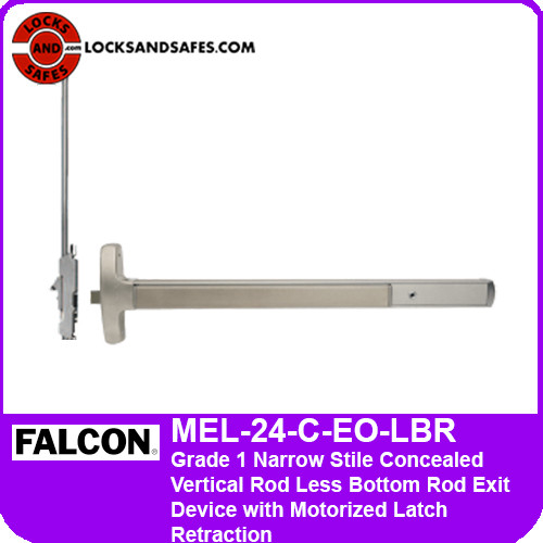 Falcon MEL-24-C-EO-LBR | Grade 1 Narrow Stile Concealed Vertical Rod Less Bottom Rod Exit Device with Motorized Electric Latch Retraction