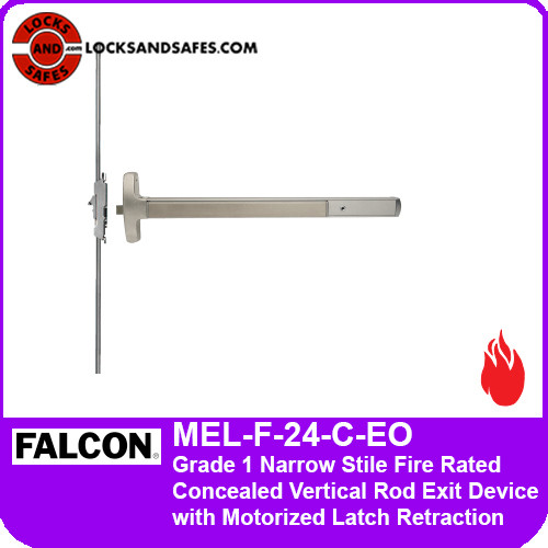 Falcon MEL-F-24-C-EO | Grade 1 Fire Rated Narrow Stile Concealed Vertical Rod Exit Device with Motorized Electric Latch Retraction