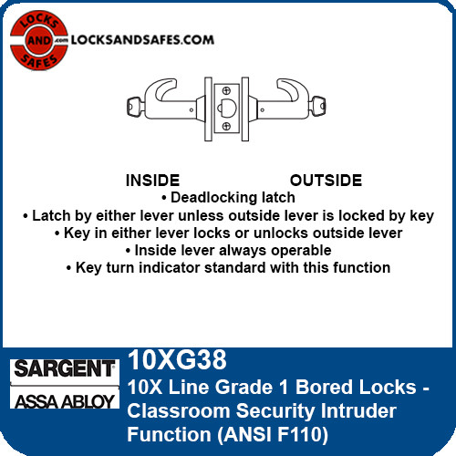 Sargent 10XG38 Double Cylinder Classroom Security Intruder Bored Lock