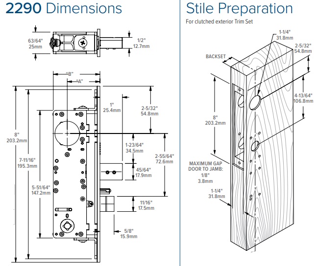 Adams Rite 2290 Dimensions and Stile Prep Diagram