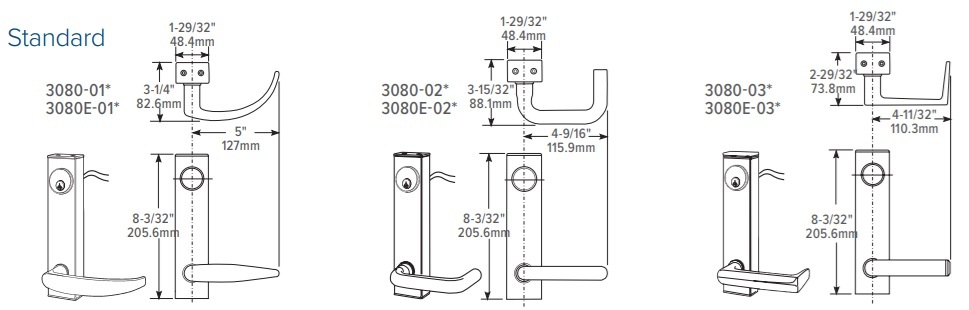 Adams Rite 3080 Standard Lever Dimensions