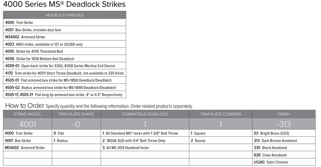 Adams Rite 4003 ANSI Strike How To Order Chart