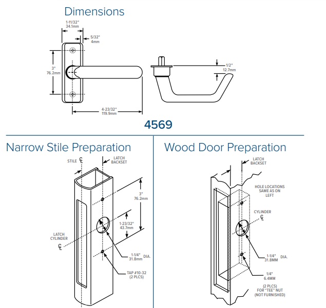 Adams Rite 4569 Deadlatch Handle Dimensions | Lever for Adams Rite Deadlatch