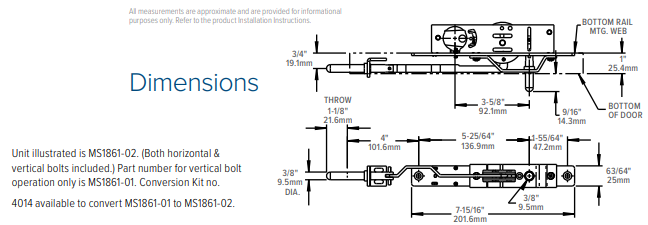 Adams Rite MS1861-02 Bottom Rail Deadbolt Dimensions