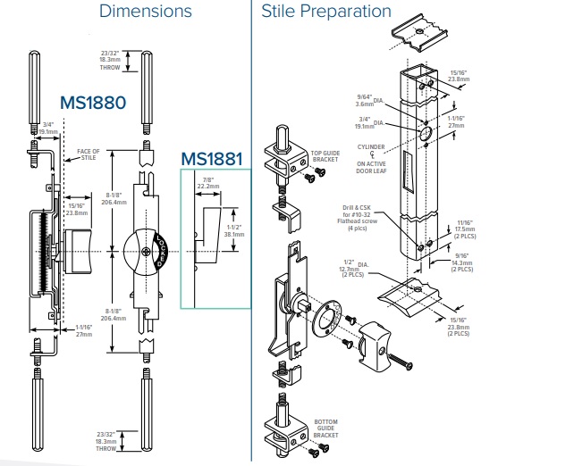 Adams Rite MS1880 Two Point Flushbolt Dimensions