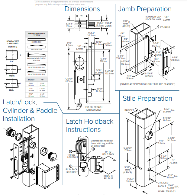 Adams Rite MS1891W Deadlock with Latchbolt Dimensions