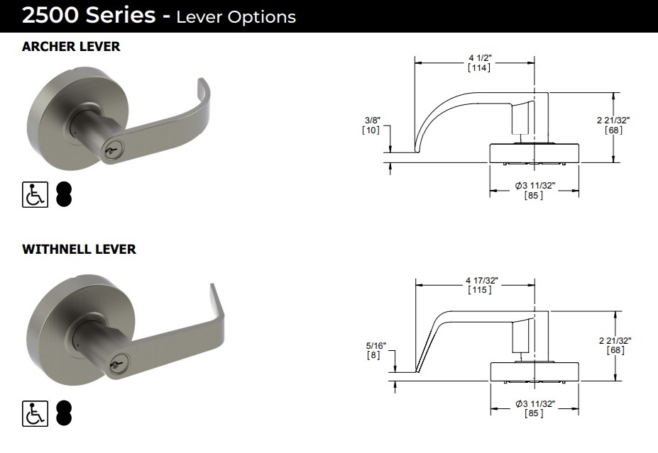 Hager 2500 Cylindrical Lock Lever Options
