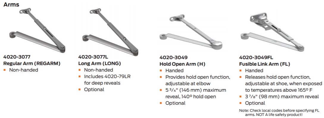 LCN 4020 Door Closer Arm Styles