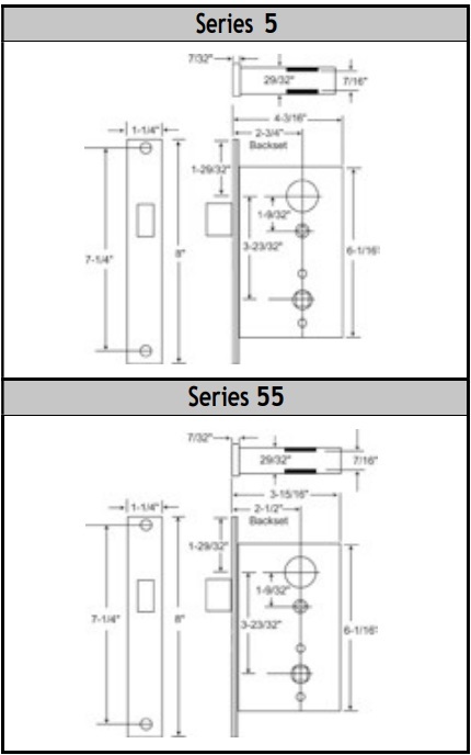 Marks Series 5 and 55 Mortise Deadbolt Dimensions