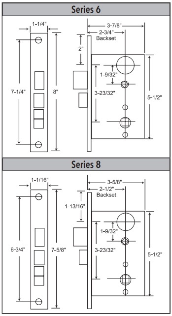 Marks Series 6 and Series 8 Mortise Lock Body Dimensions