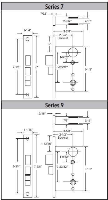Marks Series 7 and Series 9 Mortise Lock Body Dimensions