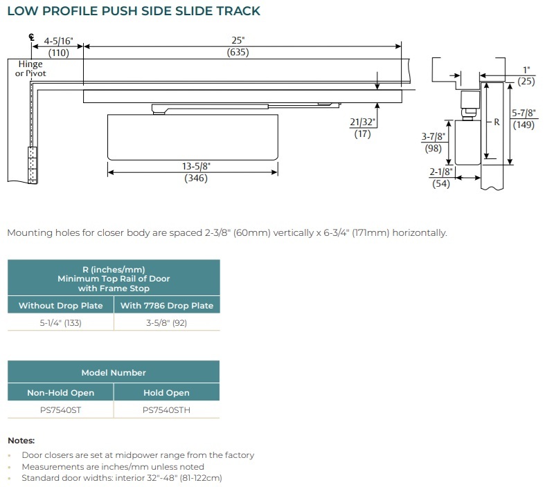Norton 7500 Low Profile Push Side Slide Track Arm