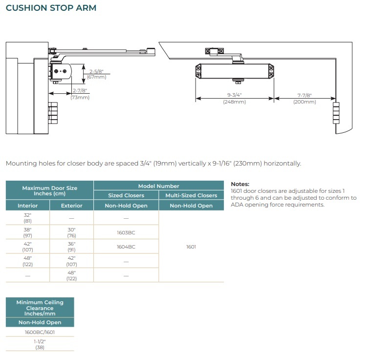 Norton CA1601 Cushion Stop Arm Closer Details