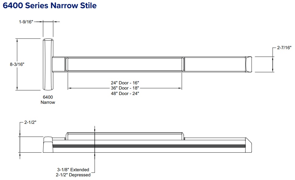 PDQ 6400 Narrow Stile Exit Device Dimensions