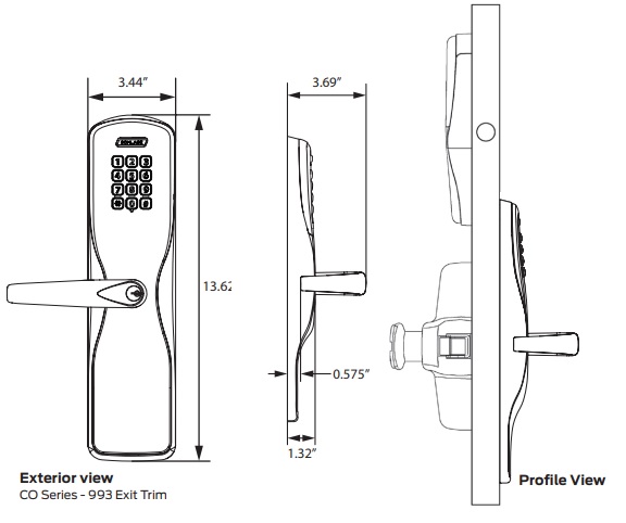 Schlage CO-250 Exit Trim Exterior View and Dimensions | Schlage CO250