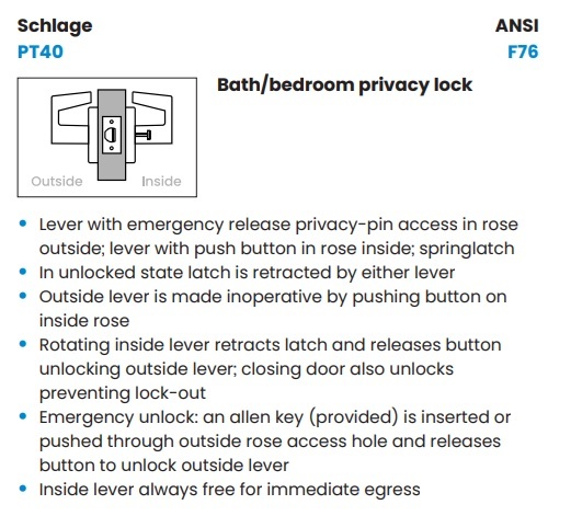 Schlage PT40 Privacy Function