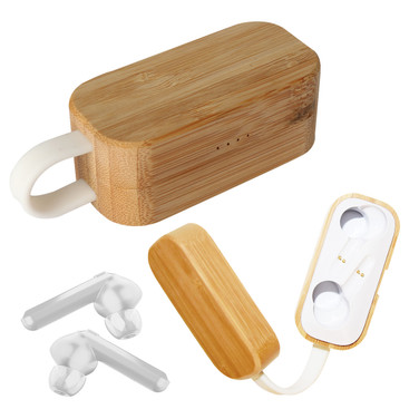 Custom Logo TWS Earbuds In Bamboo Charging Case