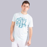 Front view of Pickleball Central's Heritage Pickle-ball Groovy Front Logo Unisex T-Shirt on a male model in the color