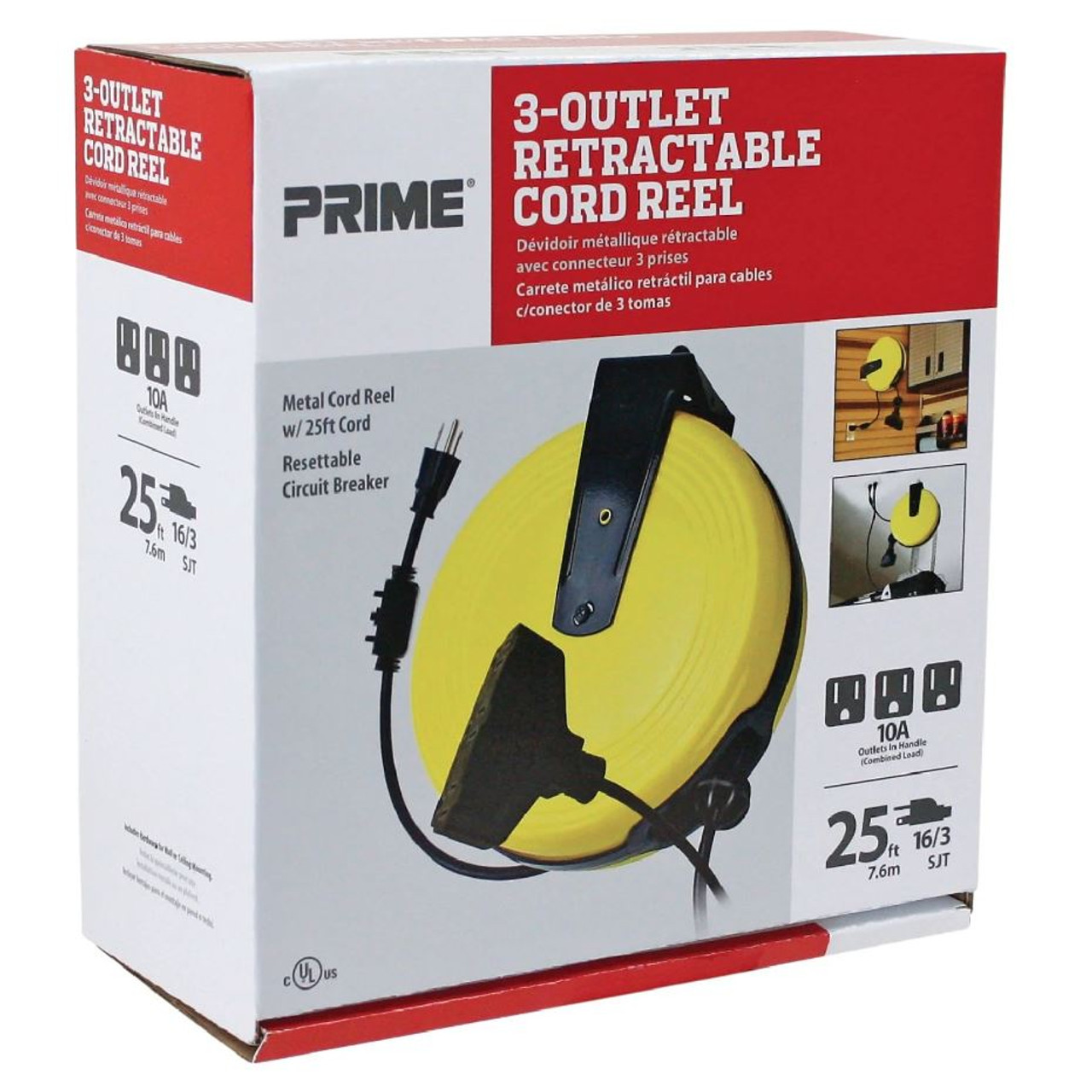 Prime CR211625 25 Ft. 3-Outlet Retractable Metal Cord Reel
