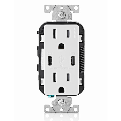 Leviton T5635-W 15A Tamper Resistant Duplex Receptacle with 30W (6A) Dual USB Type C In-Wall Charger, White